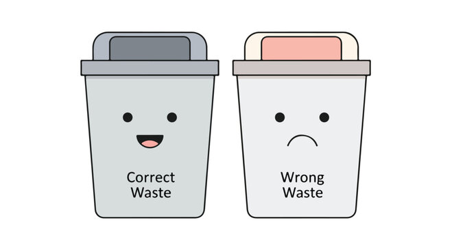 Two trash cans with smiling and frowning faces labeled Correct Waste and Wrong Waste on a white background