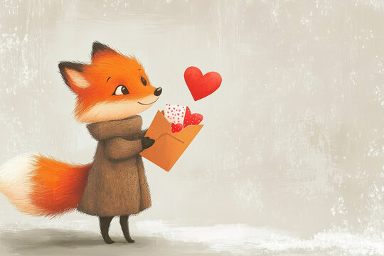 A cute fox cartoon gives an envelope full of hearts for Valentine's day.