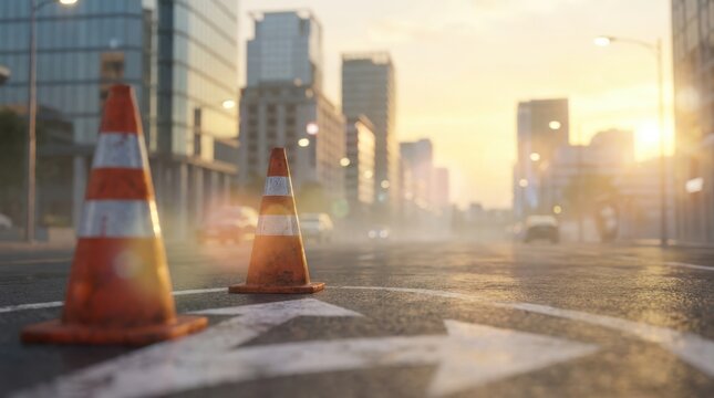 Orange traffic cones standing on city street road with white painted arrows during sunset hours here.
