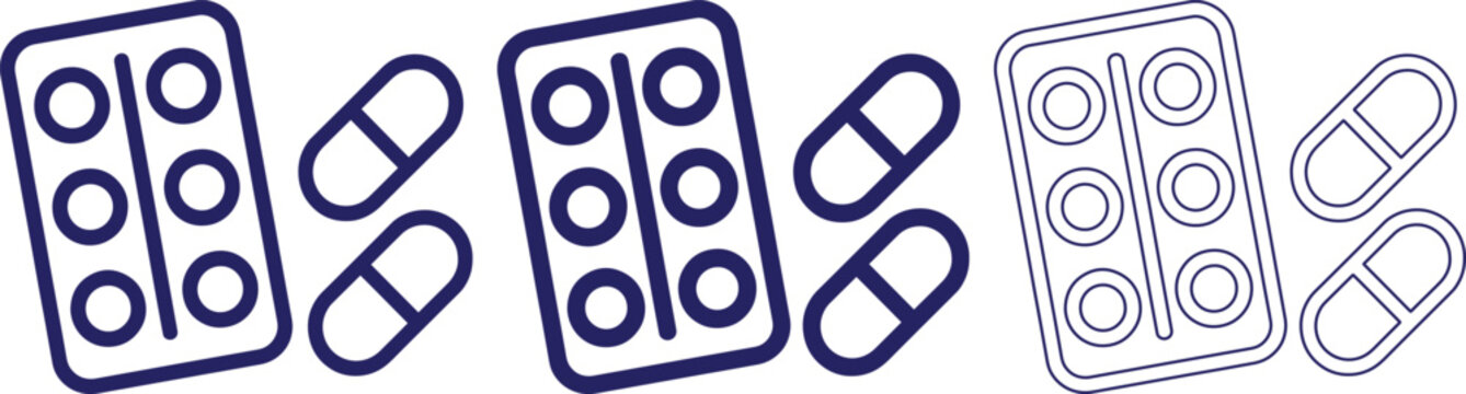 Line drawn pills and blister packs in different shades of blue on white background for medical or health concepts  simple icons
