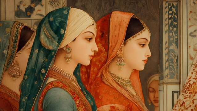 Portrait of Indian noble women wearing ornate traditional jewelry and veils in a vintage Mughal style painting