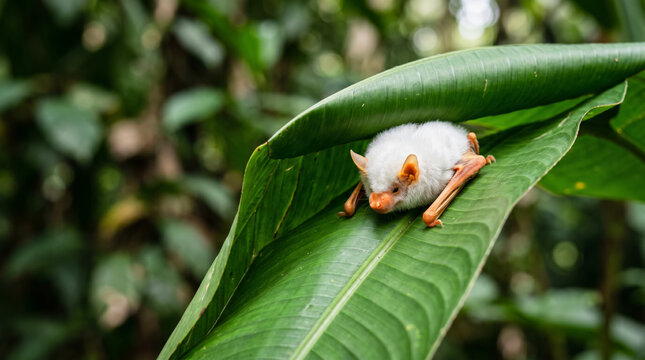 Honduran white bat resting under green leaf close up