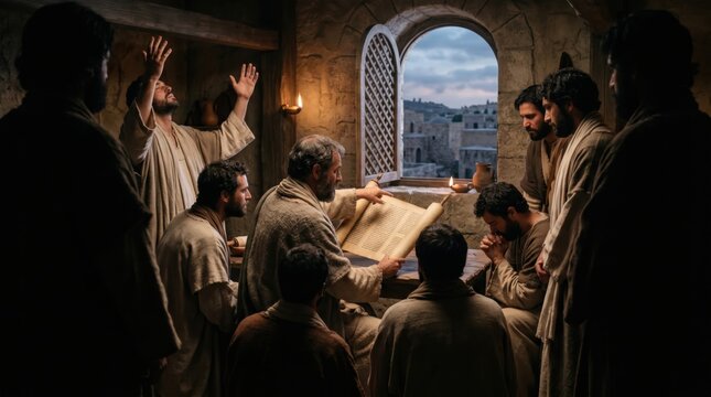 Apostle reading scroll in upper room. Group of man gathered together in prayer and study of scripture. Biblical scene of disciples in Jerusalem during ancient time. Holy spirit movement.