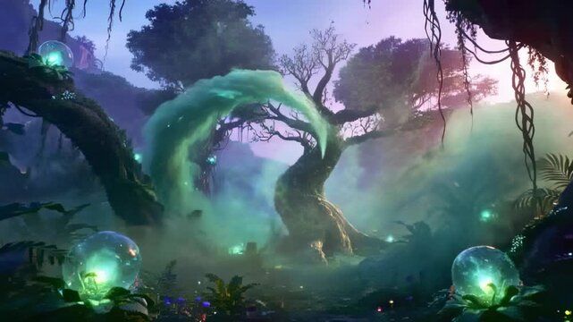 Emerging green vortex drawing mist in forest clearing, revealing twisted tree, pods and two sprites
