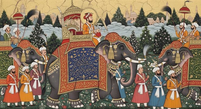 Royal Mughal Emperor on Ornamented Elephant in a Historic Procession with guards and ancient city architecture background.