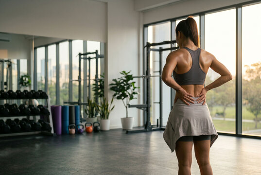 The young woman was exercising while standing with both hands on her hips, displaying signs of injury.