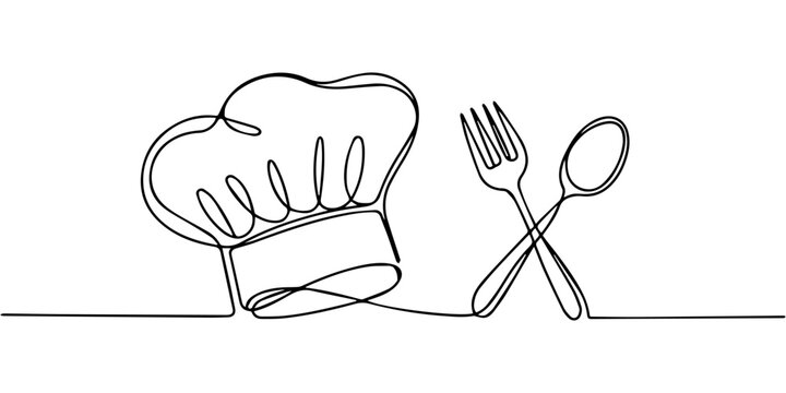 chef's hat and utensils continuous one line drawing, Ladle, cooking spatula and chef's cap in one solid line. Single line editable cutlery template for business cards, banners. Symbol