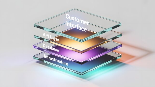 Modern tech stack concept with vertical 3D glass plates labeled infrastructure database api layer customer interface on white background