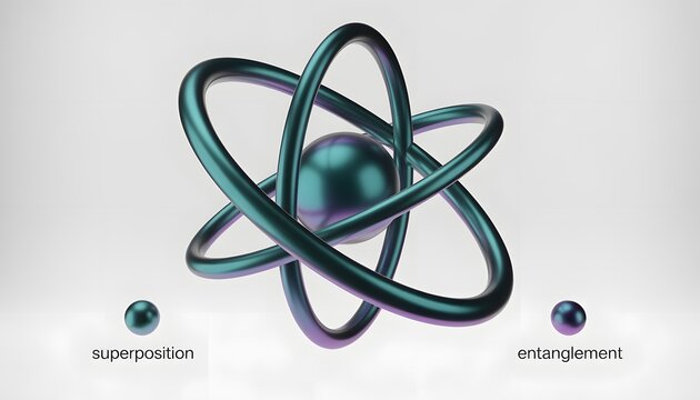 Quantum computing qubits 3D geometric spheres and intersecting rings, teal to purple iridescent concept with superposition entanglement