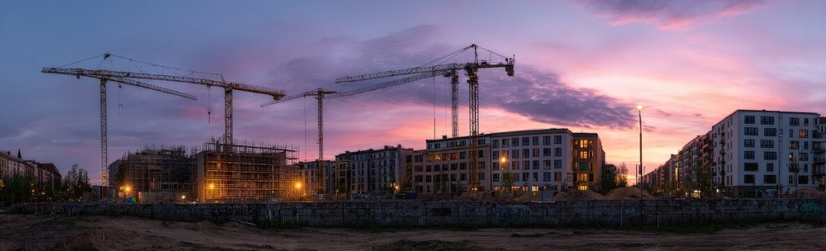 Construction cranes loom over apartment buildings at dusk with a colorful sky