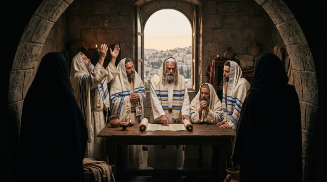 Jewish men reading ancient manuscript in stone room. Group of wise rabbis studying scrolls in biblical temple. Historic scene depicting religious council and prayer in ancient city.