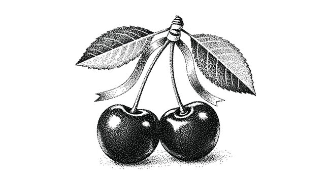 Stippled illustration of two cherries with leaves and ribbon