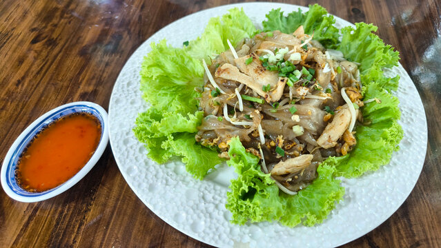 Thai Kuay Teow Khua Kai Stir Fried Rice Noodles with Chicken Street Food