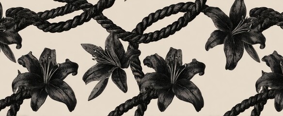 Fototapeta premium Frayed ropes and lilies dance in a vintage pattern like whispers in a dark forest.