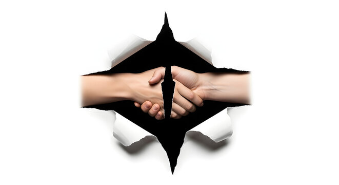 Handshake visible through ripped white paper on black background