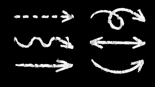 Animated stop motion pack of crumpled white paper arrows on a black background. Versatile directional symbols perfect for tutorials, vlogs, and creative video edits