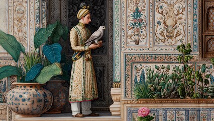 Obraz premium Traditional Mughal painting of a royal nobleman holding a falcon in a palace
