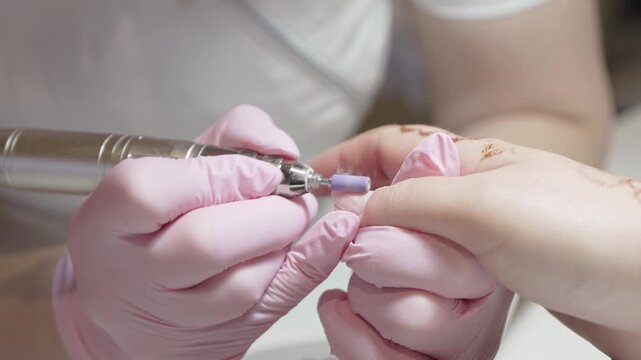 Professional manicurist in pink gloves using an electric nail file to remove cuticle and polish nails during a hardware manicure in a beauty salon