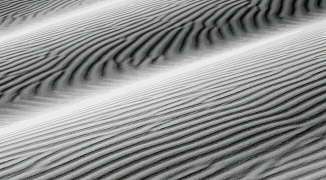 Abstract black and white texture of sand dunes with rippled patterns and high contrast shadows, creating a minimalist desert landscape