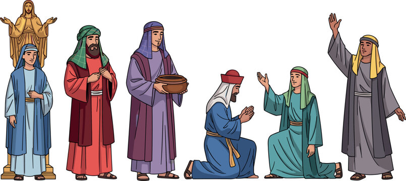 Biblical figures set with ancient characters in traditional robes, praying and offering scenes, religious story illustration in detailed vector style