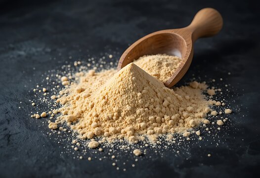 Pile of organic maca root powder with a wooden scoop on a dark slate background. baobab powder