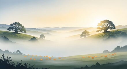 Naklejka premium Misty rolling hills landscape with grazing sheep at golden sunrise