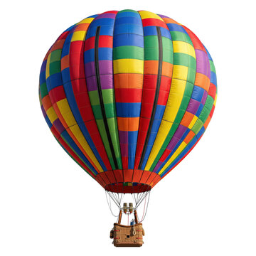 Colorful rainbow patterned hot air balloon with basket
