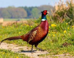 Fototapeta premium A pheasant walks on a dirt path through grass and wildflowers