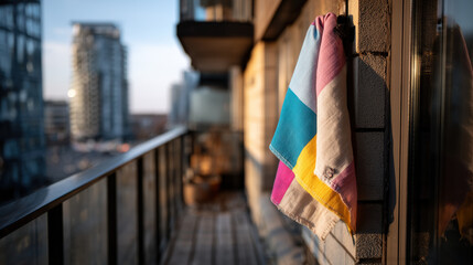 Obraz premium A colorful towel hangs on a balcony overlooking a modern city skyline.
