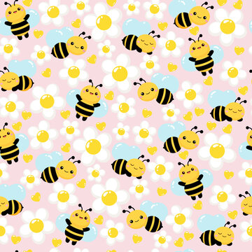 Cute bees and Daisy flower cartoon seamless pattern