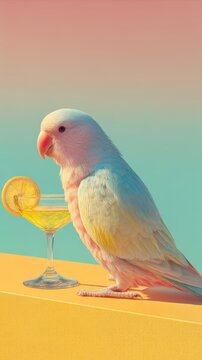 Colorful parrot with refreshing cocktail on vibrant background. Ideal for summer themes and tropical vibes. This vertical image captures joy and relaxation, perfect for social media and marketing.