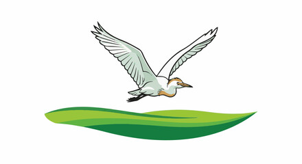 Fototapeta premium White egret in flight above green wavy fields