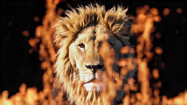 Front-facing lion portrait with flames on black background