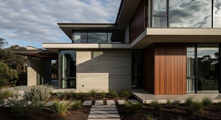 Fototapeta premium Modern luxury house exterior with concrete and wood paneling