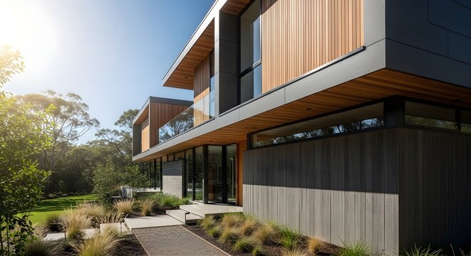 Modern luxury house exterior with wood cladding and glass walls