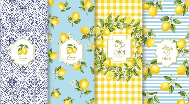 Set of four seamless patterns with fresh lemon themes, including mediterranean tiles, scattered lemons, a gingham background, and striped designs with fruit and leaves