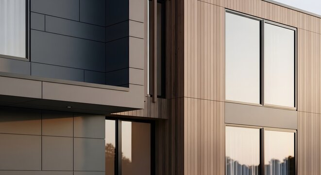 Modern architectural facade with wood paneling and dark metal