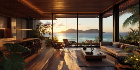 Fototapeta premium Modern coastal living room with ocean sunset views
