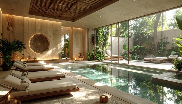 A serene indoor pool area with lush greenery and modern decor