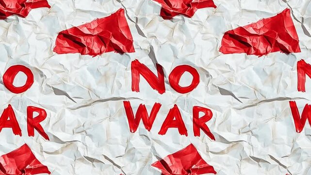 A looping background displays crumpled red paper with the words "no war." It's a peaceful and impactful visual element.