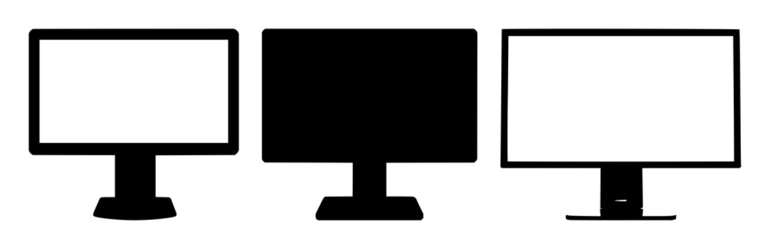 Desktop computer monitor set with black silhouette on white background featuring electronics, tech, device with minimalist and vector illustration