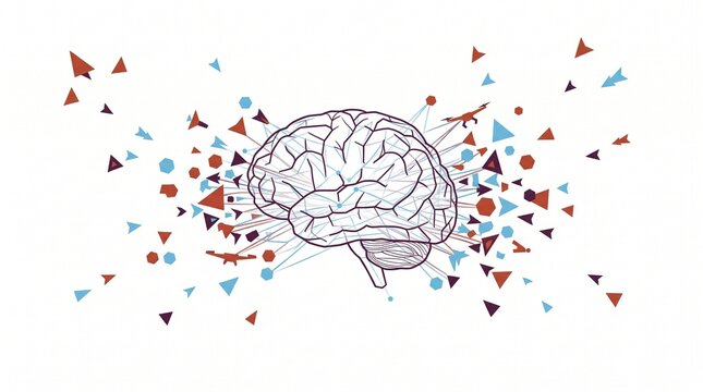 Abstract line art human brain with colorful geometric flying particles representing creativity and brainstorming concept vector illustration