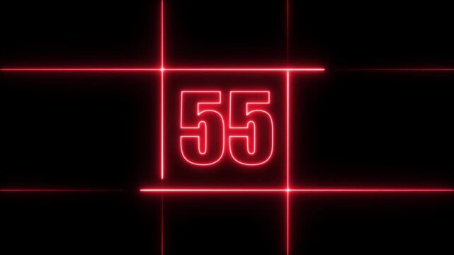 60 to 0 second modern digital countdown timer neon light style on black background, 60 seconds simple countdown timer. 60 second technology digital neon led light game timer animation