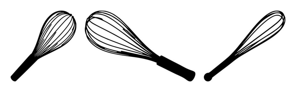 Whisk silhouette set with minimalist design featuring kitchen utensil, cooking tool, kitchenware with black and white and line art