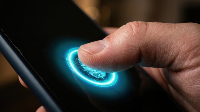 Phone screen showing authenticated status with fingerprint scan. Digital identity verification concept.