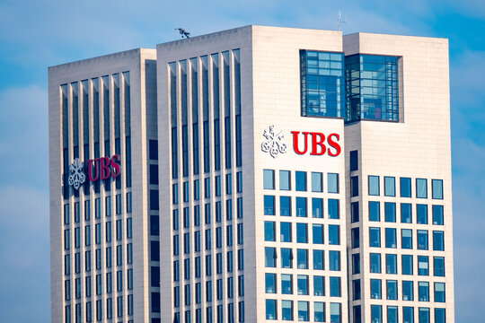 UBS bank office building, multinational banking, Swiss largest private investment bank, financial services company, glass facade, Germany professional services in Frankfurt - February 9, 2025