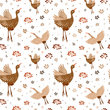 Hand drawn different plants and flowers, cute birds on white background