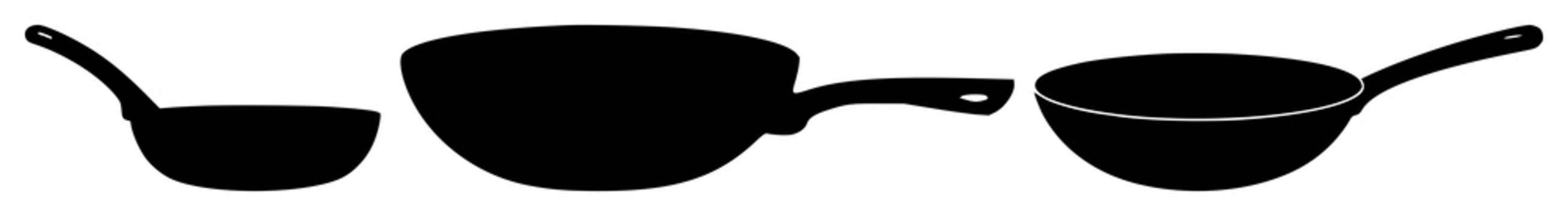 Frying pan set with black silhouette against clean white background featuring cookware, cooking, kitchen utensil with silhouette and minimalism