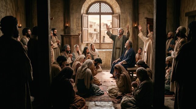 Group of disciples and believers gather during Pentecost. Men and women praying together in ancient room. Biblical scene depicting spirit descend and religious worship in historical setting.