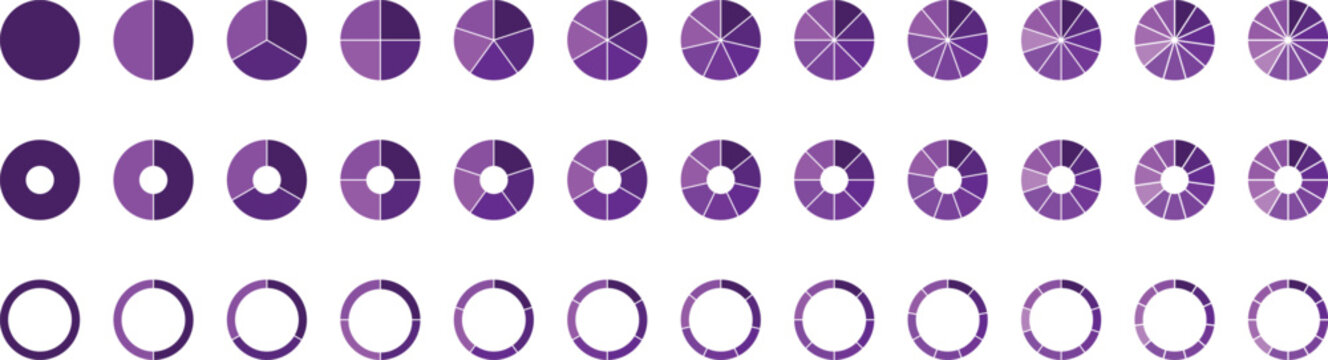 Circle pie chart diagram. Circle division infographic icon set. Loading bar set diagram multicolored collection. Pie chart divided 1,2,3,4,5,6,7,8,9,10, 11, 12 equal parts.	